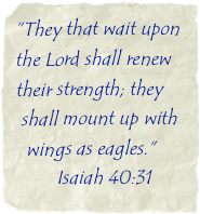 “They that wait upon the Lord shall renew their strength; they  
 shall mount up with  
  wings as eagles.”     
        Isaiah 40:31